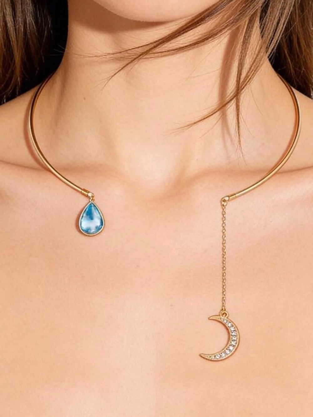 ✨3for$38 New Golden Boho Open Collar Rhinestone Moon Blue Jewel Necklace - Picture 13 of 15